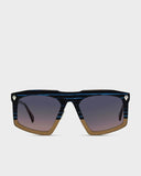 A pair of sunglasses with blue and gold striped frames and lenses.