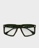 A pair of green full frame eyeglasses with the brand name T Henri
