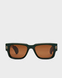 A pair of square-shaped sunglasses with a green frame and brown lenses.